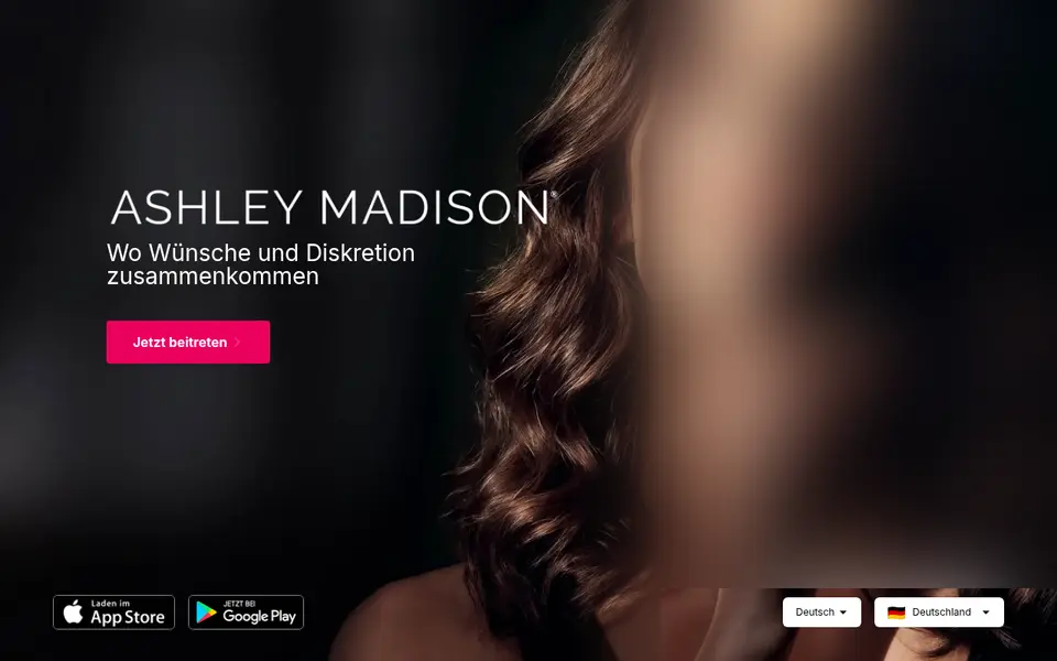 Ashley Madison Erfahrungen: Startseite der Länderversion mit dem Slogan «Wo Wünsche und Diskretion zusammenkommen», das Model unscharf gemacht