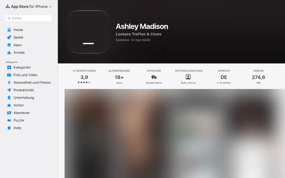 Ashley Madison Erfahrungen: die App im österreichischen App Store mit 3,9 Sternen bei 27 Bewertungen, Vorschaubilder unscharf