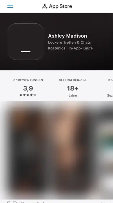 Ashley Madison Erfahrungen am Smartphone: App-Store-Seite mit Freigabe ab 18 Jahren und Beschreibung «Diskretes Dating»