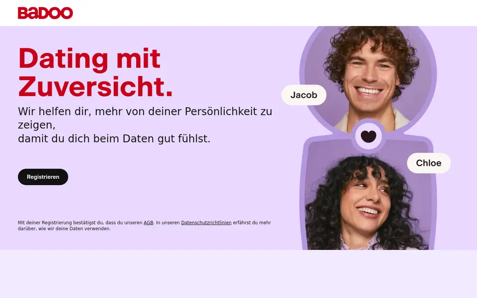 Badoo Erfahrungen: deutsche Startseite mit «Dating mit Zuversicht» und dem Knopf zur Registrierung