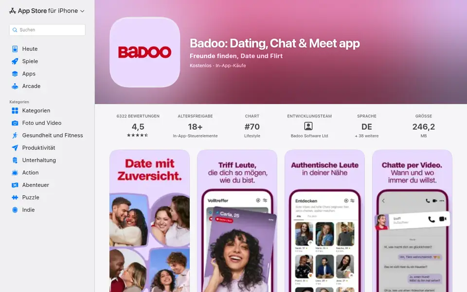 Badoo Erfahrungen: die App im österreichischen App Store mit 4,5 Sternen bei 6322 Bewertungen und Bildern zu Volltreffer und Videochat