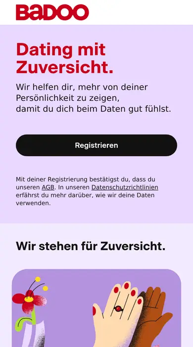 Badoo Erfahrungen auf dem Smartphone: mobile Startseite mit dem Abschnitt «Wir stehen für Zuversicht»