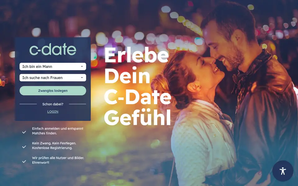 C-Date Erfahrungen: Startseite von c-date.at mit kostenloser Anmeldung und dem Versprechen, alle Nutzer und Bilder zu prüfen