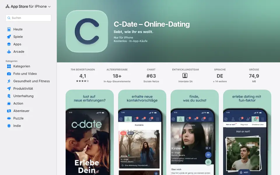 C-Date Erfahrungen: die App im österreichischen App Store mit 4,1 Sternen bei 794 Bewertungen und Bildern der Kontaktvorschläge
