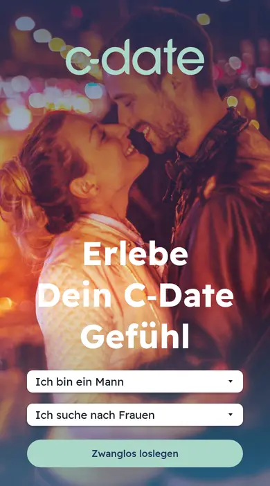 C-Date Erfahrungen am Smartphone: mobile Startseite von c-date.at mit dem Formular «Zwanglos loslegen»