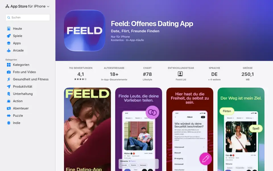 Feeld Erfahrungen: die App «Feeld: Offenes Dating App» im österreichischen App Store mit 4,1 Sternen bei 702 Bewertungen