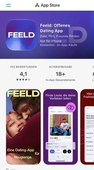 Feeld Erfahrungen am iPhone: mobile App-Store-Seite mit Bildern aus der App und der Auswahl der Sexualität