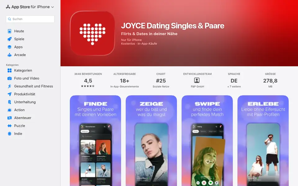 JOYclub Erfahrungen: die App JOYCE im österreichischen App Store mit 4,5 Sternen bei 3648 Bewertungen