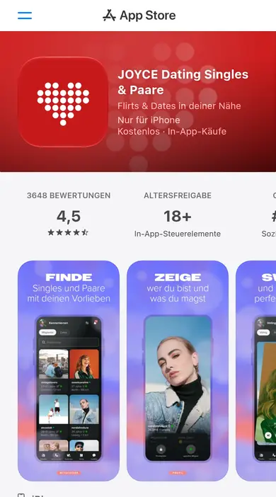 JOYclub Erfahrungen am iPhone: JOYCE Dating Singles & Paare in der mobilen Ansicht des App Store
