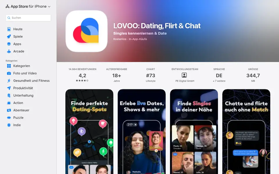 LOVOO Erfahrungen: App-Seite im österreichischen App Store mit 4,2 Sternen bei 14 984 Bewertungen und Bildern zu Radar und Live-Dates