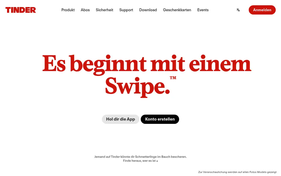 Tinder Erfahrungen: deutsche Startseite von tinder.com mit «Es beginnt mit einem Swipe» und «Konto erstellen»