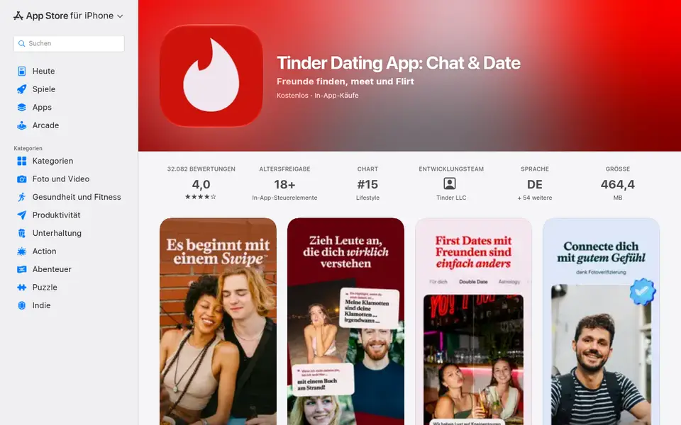 Tinder Erfahrungen: die App im österreichischen App Store mit 4,0 Sternen bei 32 082 Bewertungen und der Fotoverifizierung
