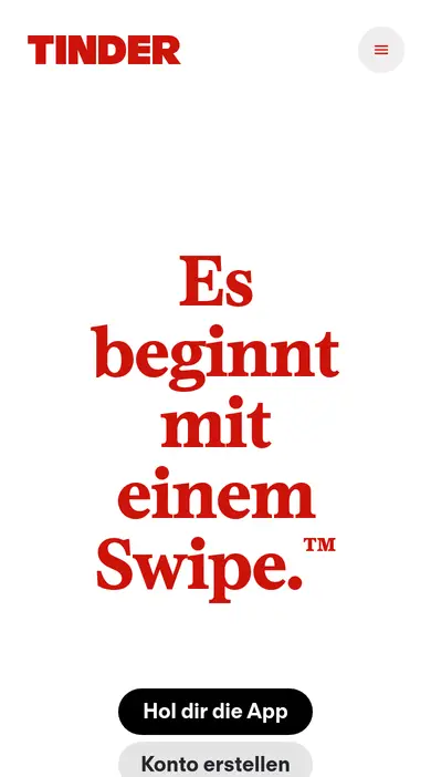 Tinder Erfahrungen am Smartphone: mobile Startseite von tinder.com mit «Hol dir die App»